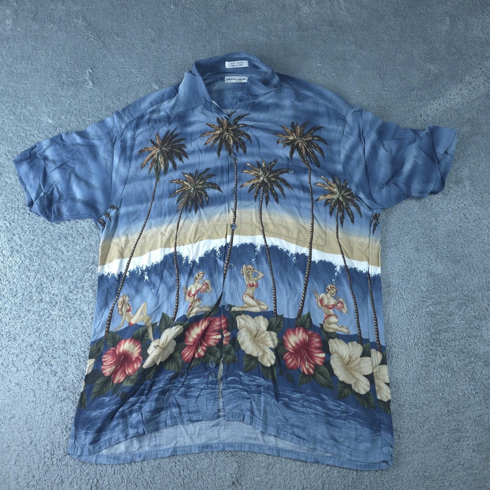 Pierre Cardin Shirt Mens Large Blue Hawaiian Pin Up Short Sleeve Rayon Casual